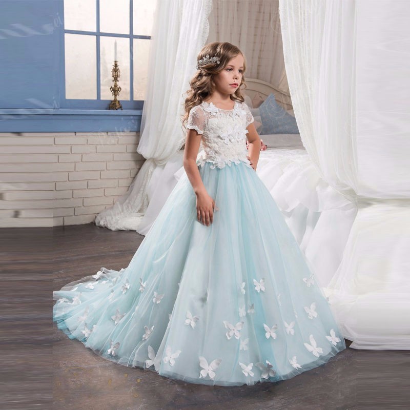 white and baby blue flower girl dresses